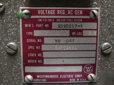 Westinghouse voltage regulator ac gen 939D217 aviation 