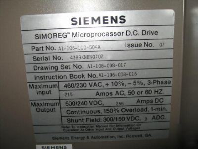 Siemens simoreg microprocessor dc drive A1-106-110-504A