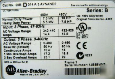 Allen bradley powerflex 700 20BD014A3AYNAND0 10 hp