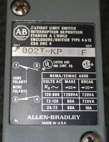 Allen bradley oiltight limit switch ac/dc 600V 802T-kp