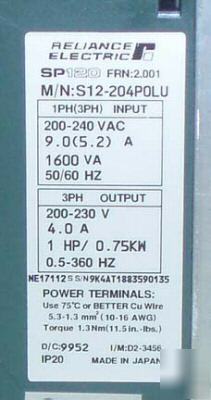 Reliance ac drive SP120 1HP 1 & 3 ph 230V S12-204POLU