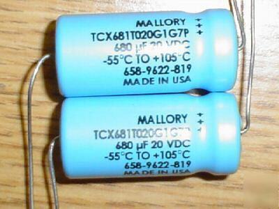 New 20 mallory 20V 680UF computer grade capacitors 105C 