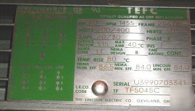 Lincoln model AF4S0TC54 20HP 3PH 50HZ motor