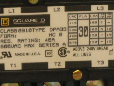 Square d definite purpose contactor 8910DPA33V09 5B117