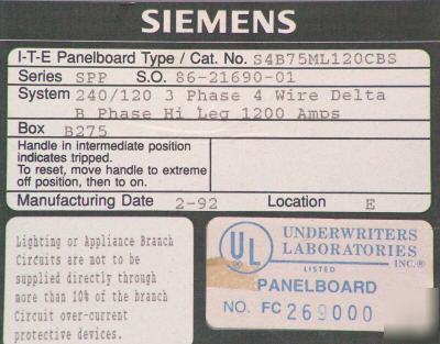 Siemens type S4 panel board 240 volts max 400 a main 