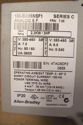 Allen bradley drive 160-BA06NSF1 2.2KW/ 3 hp