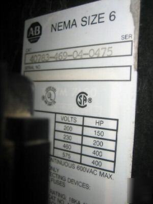 Allen bradley starter size 6 40783-469-04-0475 540A ab