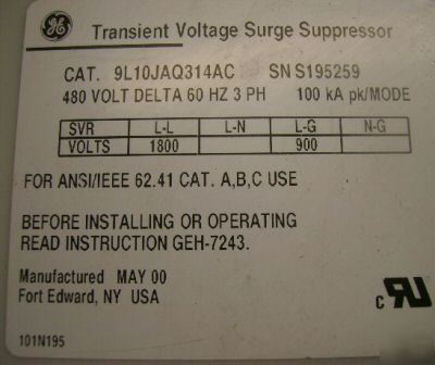 Ge transient voltage surpressor 9L10JA0314AC 3PH 480V