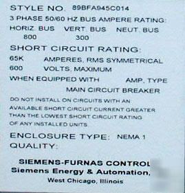 Siemens-furnas motor control center 600V 3PH mlo 800A