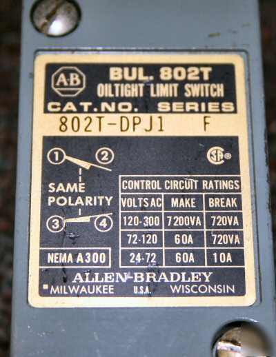 Allen bradley - rolling limit switch 802T-DPJ1 60A 300V