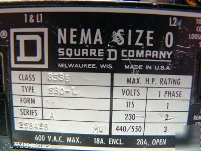 Square d nema 0 class 8536 motor starter