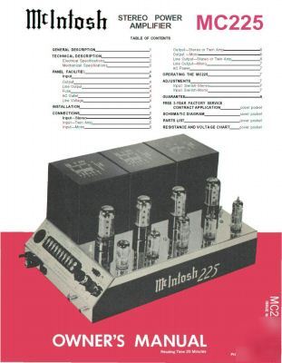 Mcintosh MC225 stereo tube amplifier manuals