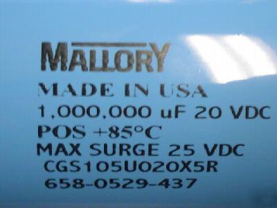 New 1 mallory 20V 1,000,000UF computer grade capacitor 
