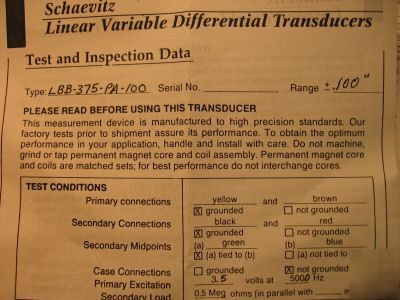 Schaevitz linear transducer lbb-375-pa-100 *never used*